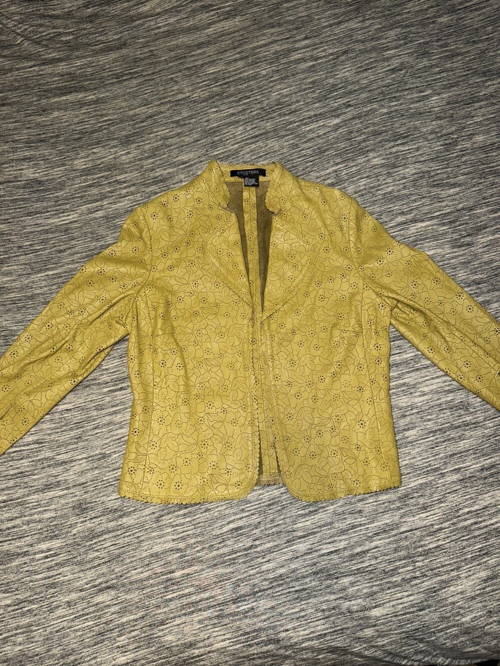 Etcetera Women’s Green Leather Jacket, Eyelet Flowers, Size 6